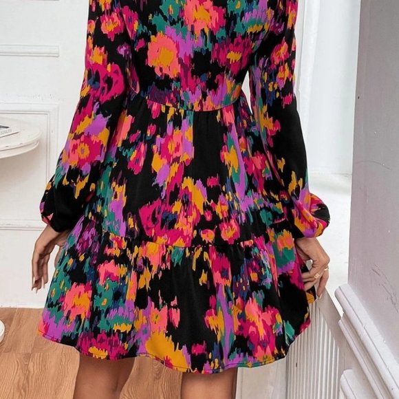 Allover Print Lace Trim Lantern Sleeve Ruffle Hem mini Dress - Picture 5 of 6